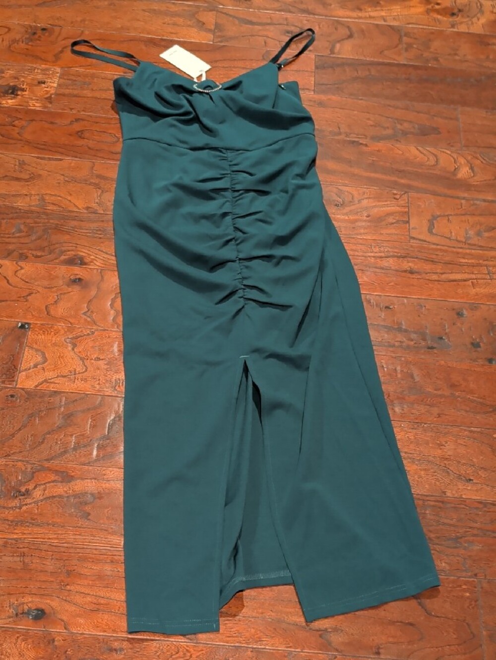 Grace Karin Teal Ruched Midi Dress with Heart Ring - Picture 4 of 12